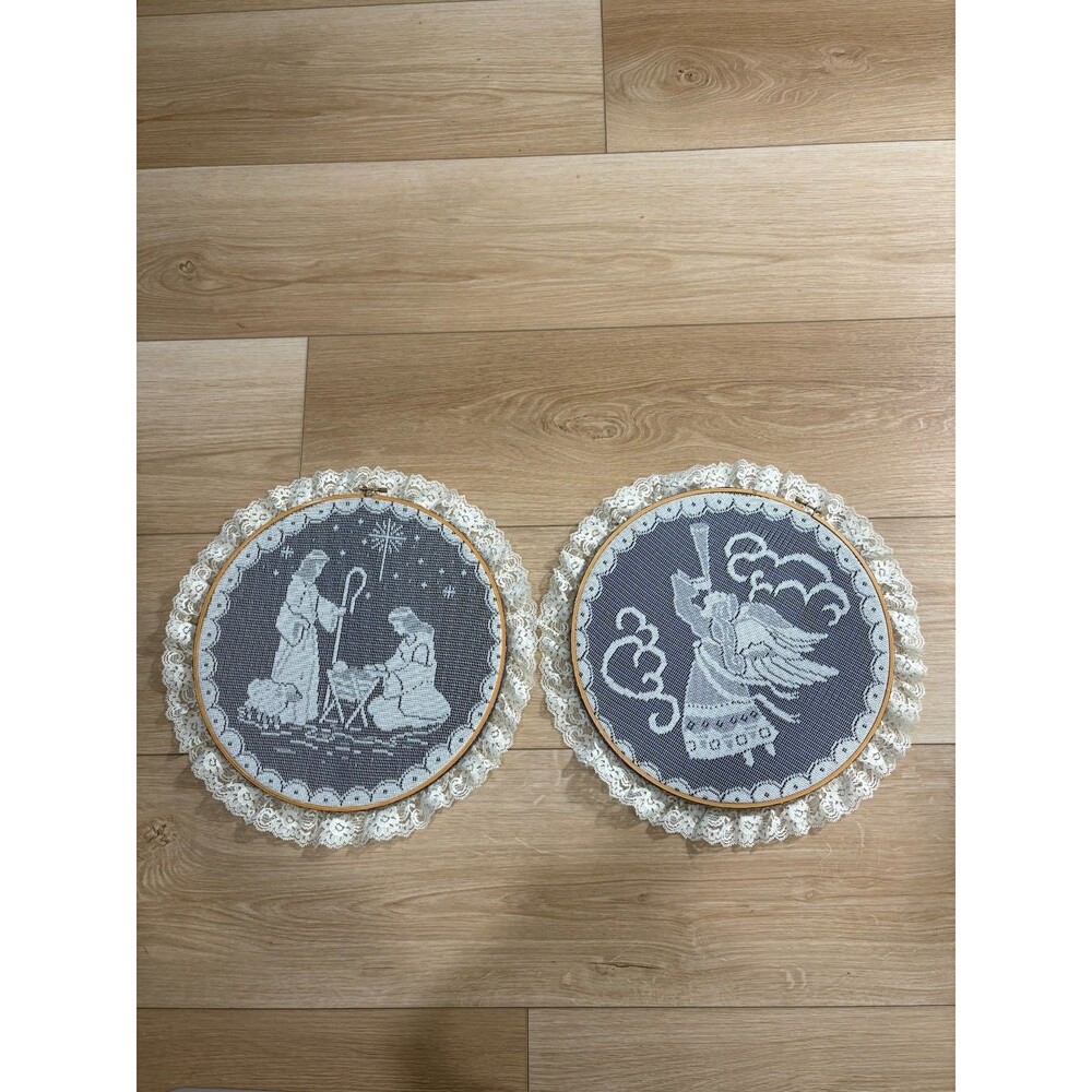 Pair of Vintage Christmas Cross Stitch Hoop Art Nativity & Angel Wall Hangings